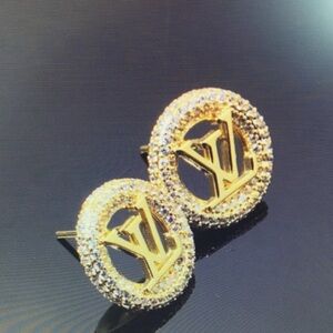 Gold Circle Louis Vuitton Crystal Logo Stud Earrings